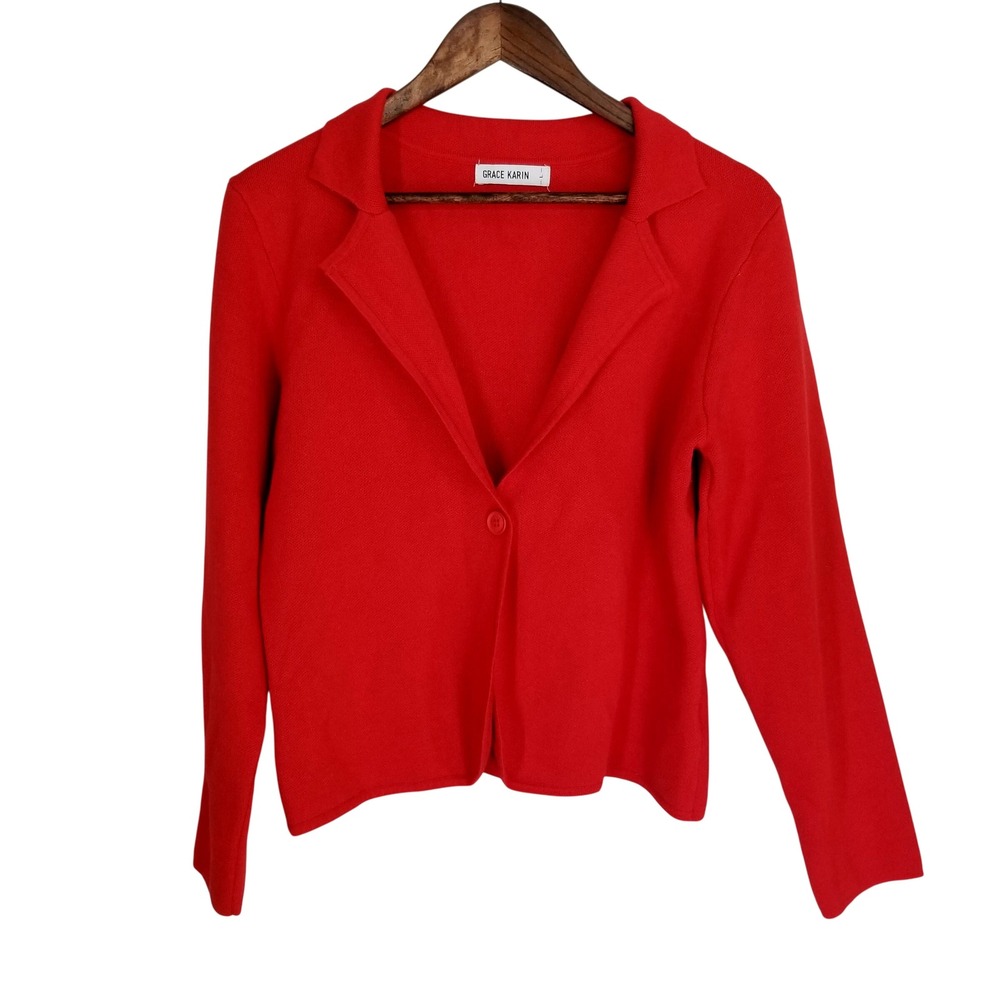 Grace Karin Womens Tomato Red Knit Blazer Cardigan Single Button L Bold Preppy